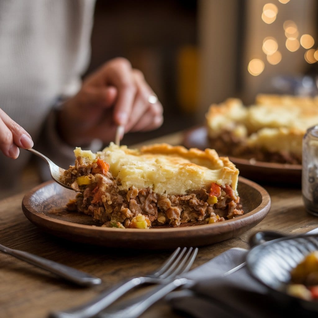 bite of Shepherd's Pie from a plate