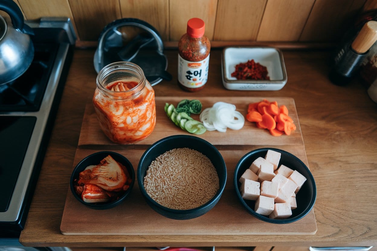 carrots and onions, a bottle of gochujang (red pepper paste