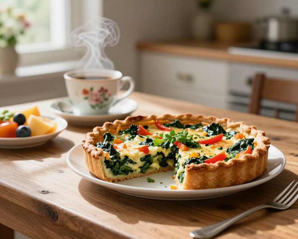 A beautifully arranged breakfast quiche on a rustic wooden table, showcasing a golden-brown crust filled with vibrant green spinach, creamy cheese, and diced bell peppers. The quiche is sliced, revealing its colorful filling, with a sprinkle of fresh herbs on top. In the foreground, a gentle steam rises from a cup of freshly brewed coffee and a side of mixed seasonal fruit, enhancing the inviting atmosphere. Soft, natural light filters in from a nearby window, casting delicate shadows that add depth to the scene. In the background, blurred hints of a cozy kitchen setting, with floral dishware and a vase of wildflowers, further evoke a warm, homely feel.