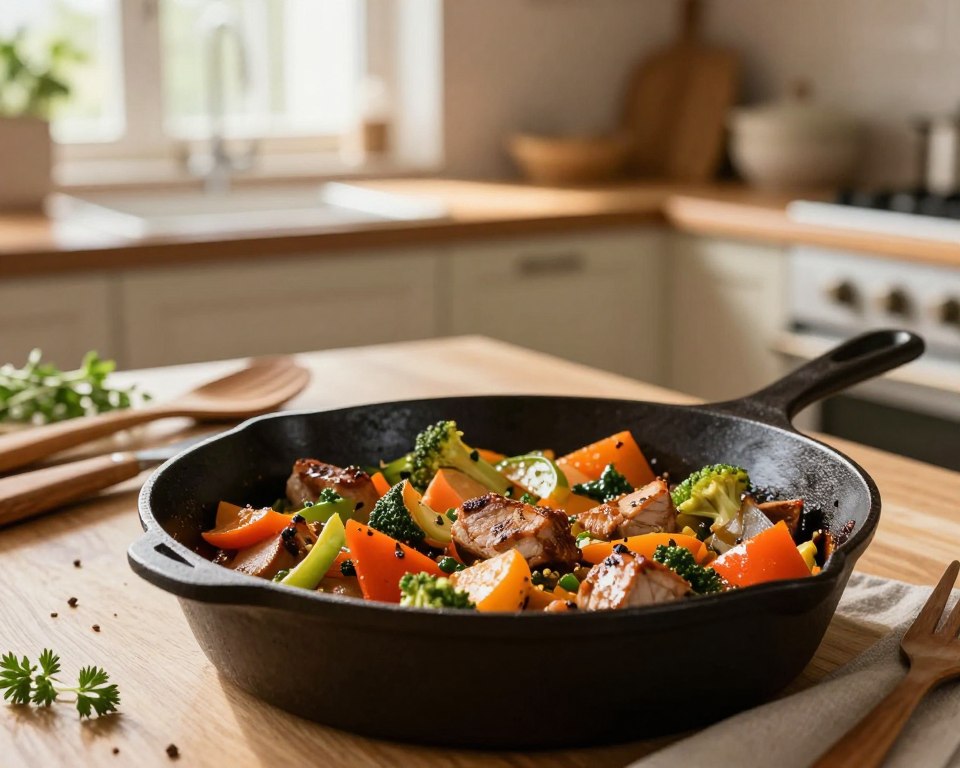 A beautifully cast iron skillet sits prominently in the foreground, showcasing a colorful and mouth-watering one-pot meal, brimming with vibrant vegetables and tender proteins. The skillet is glossy and well-seasoned, hinting at many delicious meals prepared within it. In the middle ground, there are rustic wooden utensils and fresh herbs scattered around, adding a touch of warmth and homeliness. The background features a softly lit kitchen, with warm, inviting tones and wooden cabinetry, enhancing the cozy atmosphere. Light streams in gently from a nearby window, creating a natural and inviting glow that highlights the textures of the ingredients. Overall, the scene conveys a relaxed yet vibrant mood, perfect for a quick weeknight dinner setting.