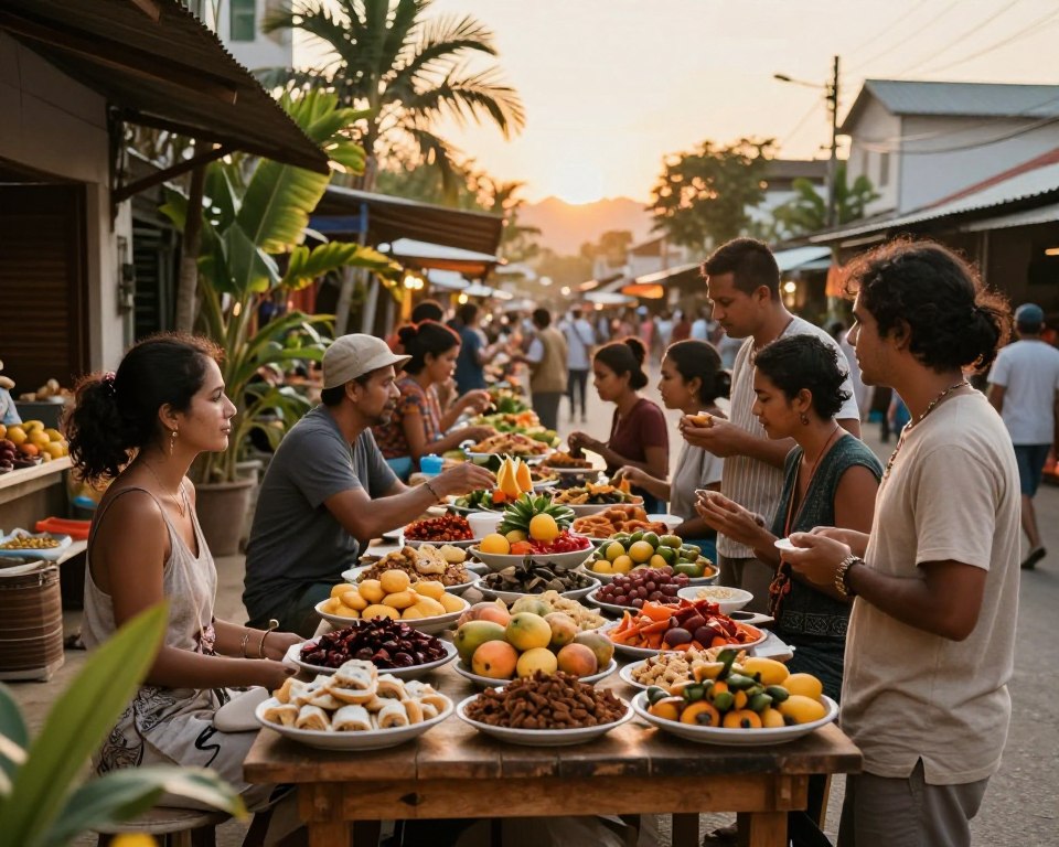 A bustling street market scene showcasing diverse food stalls with colorful displays of local delicacies. In the foreground, a wooden table laden with rich, vibrant dishes like exotic fruits, homemade pastries, and aromatic spices invites the viewer to explore. The middle ground features people from various cultures interacting, enjoying their meals, and sharing stories, all dressed in modest casual clothing. The background reveals quaint architecture adorned with tropical plants, under a soft golden sunset that casts a warm glow over the scene. Natural lighting highlights the textures and colors of the food, creating a cozy, inviting atmosphere that embodies the essence of travel, culture, and community.