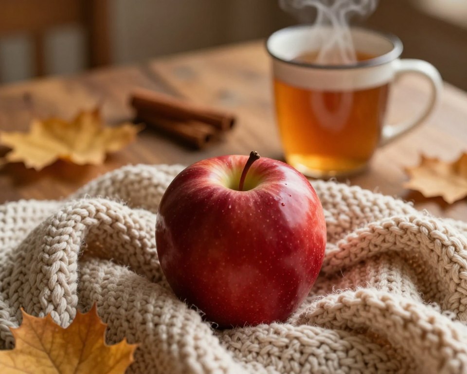A close-up image of a fresh, shiny apple nestled among warm, soft knitted blankets in a cozy autumn setting. The apple should be a rich, deep red with subtle highlights reflecting soft, warm lighting that casts gentle shadows. In the background, a rustic wooden table with a steaming mug of spiced apple cider sits, surrounded by golden autumn leaves and cinnamon sticks, evoking a feeling of warmth and comfort. The lighting should be soft and inviting, like the golden hour just before sunset, enhancing the natural colors of the scene. The atmosphere should feel snug and intimate, perfect for a leisurely evening indoors, without any people present.