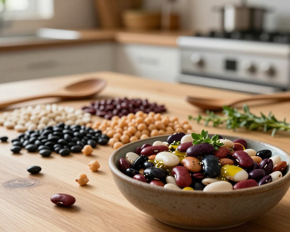 A close-up view of a wooden table set with an array of colorful, fresh beans in various shapes and sizes, including kidney beans, black beans, and chickpeas. In the foreground, a rustic bowl brimming with a vibrant mix of these beans, glistening with a light sheen of olive oil and garnished with fresh herbs. The middle ground features a softly blurred backdrop of a cozy kitchen setting, with warm, ambient lighting that creates a welcoming atmosphere. Wooden utensils are casually placed around the scene, hinting at the cooking process. The overall mood is relaxed and homey, inspiring feelings of comfort and simplicity, perfect for quick weeknight vegetarian dinners. Natural colors dominate the palette, enhancing the enticing appearance of the beans without any distractions.