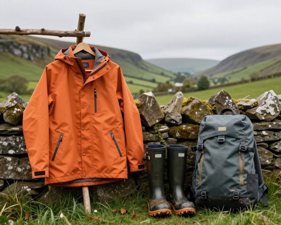 A collection of waterproof gear designed for a UK staycation, displayed prominently in the foreground. Include a waterproof jacket hung neatly on a rustic wooden peg, showcasing its sleek design and vibrant color. In the middle ground, feature a sturdy pair of waterproof boots with muddy soles, set against a backdrop of a scenic UK countryside with lush green hills under a gray, overcast sky. Add a stylish waterproof backpack leaning against a stone wall, suggesting adventure and practicality. The lighting is soft and natural, evoking a cozy, candid atmosphere perfect for a rainy day in the UK. No people in the scene, just the gear inviting exploration.