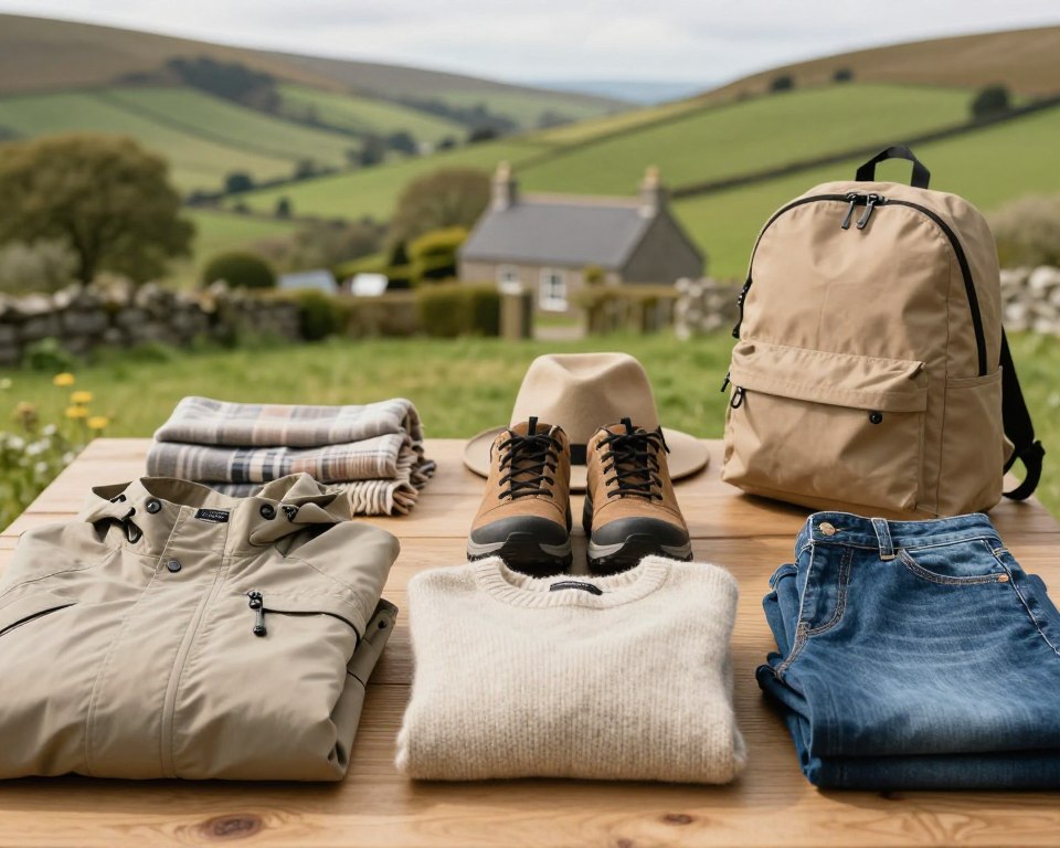 A cozy, inviting scene depicting a stylish yet practical capsule wardrobe for a UK staycation. In the foreground, neatly folded clothing items such as a lightweight waterproof jacket, comfortable walking shoes, a soft cashmere sweater, and versatile denim jeans. In the middle, a neatly arranged assortment of accessories like a scarf, a hat, and a small backpack, all in natural, muted colors. The background features a serene British landscape with rolling green hills and a quaint cottage, suggesting a peaceful retreat. Soft, natural lighting creates a warm atmosphere, with the lens focused tightly on the clothing and accessories to highlight texture and color detail, evoking a relaxed, adventurous vibe.
