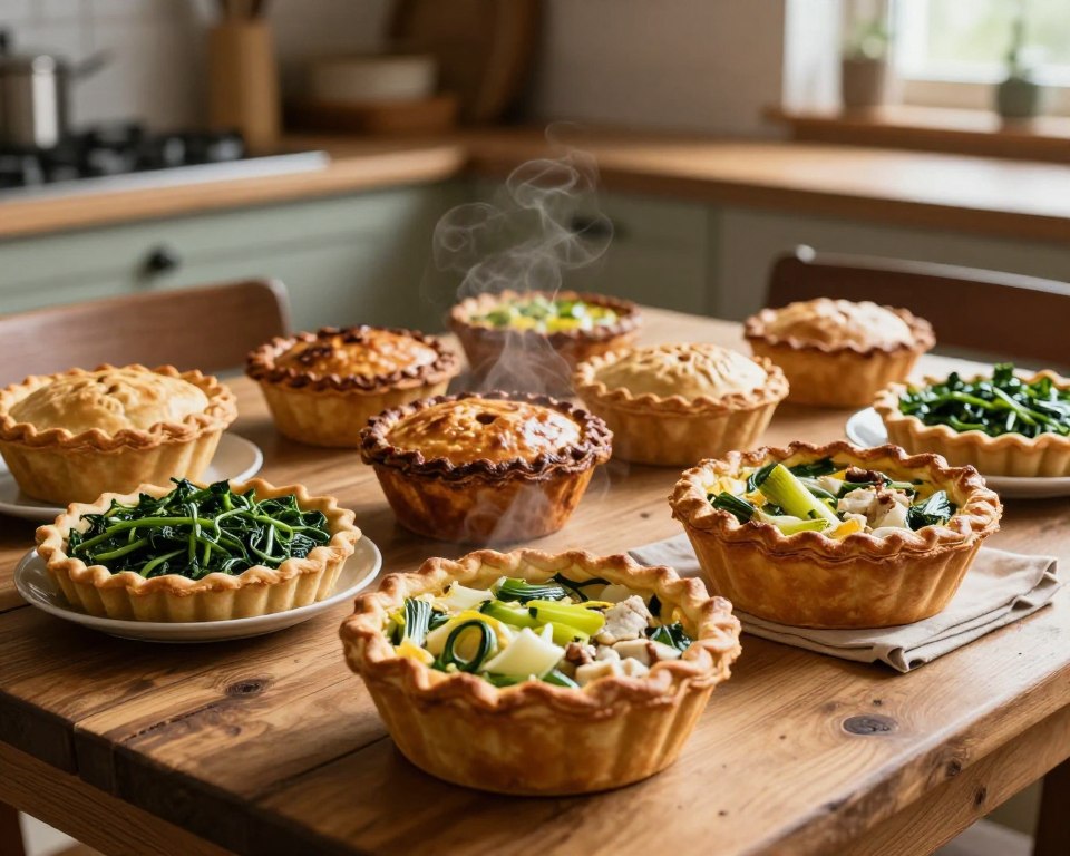 A rustic wooden table is adorned with an array of comforting pies and bakes featuring leeks as a prominent ingredient. The foreground showcases a golden-brown leek and chicken pie with flaky crust, steam gently rising, next to a vegetarian leek tart with vibrant greens. In the middle, an assortment of mini pot pies, their tops beautifully browned and crisp, is highlighted. The background features a warm, inviting kitchen setting with soft, ambient lighting illuminating the scene, casting gentle shadows. Natural colors dominate the image, evoking a cosy atmosphere, perfect for dinner. The angle is slightly elevated to capture the delicious details of the dishes, inviting the viewer into the warm embrace of home-cooked comfort food. A rustic wooden table is adorned with an array of comforting pies and bakes featuring leeks as a prominent ingredient. The foreground showcases a golden-brown leek and chicken pie with flaky crust, steam gently rising, next to a vegetarian leek tart with vibrant greens. In the middle, an assortment of mini pot pies, their tops beautifully browned and crisp, is highlighted. The background features a warm, inviting kitchen setting with soft, ambient lighting illuminating the scene, casting gentle shadows. Natural colors dominate the image, evoking a cosy atmosphere, perfect for dinner. The angle is slightly elevated to capture the delicious details of the dishes, inviting the viewer into the warm embrace of home-cooked comfort food.