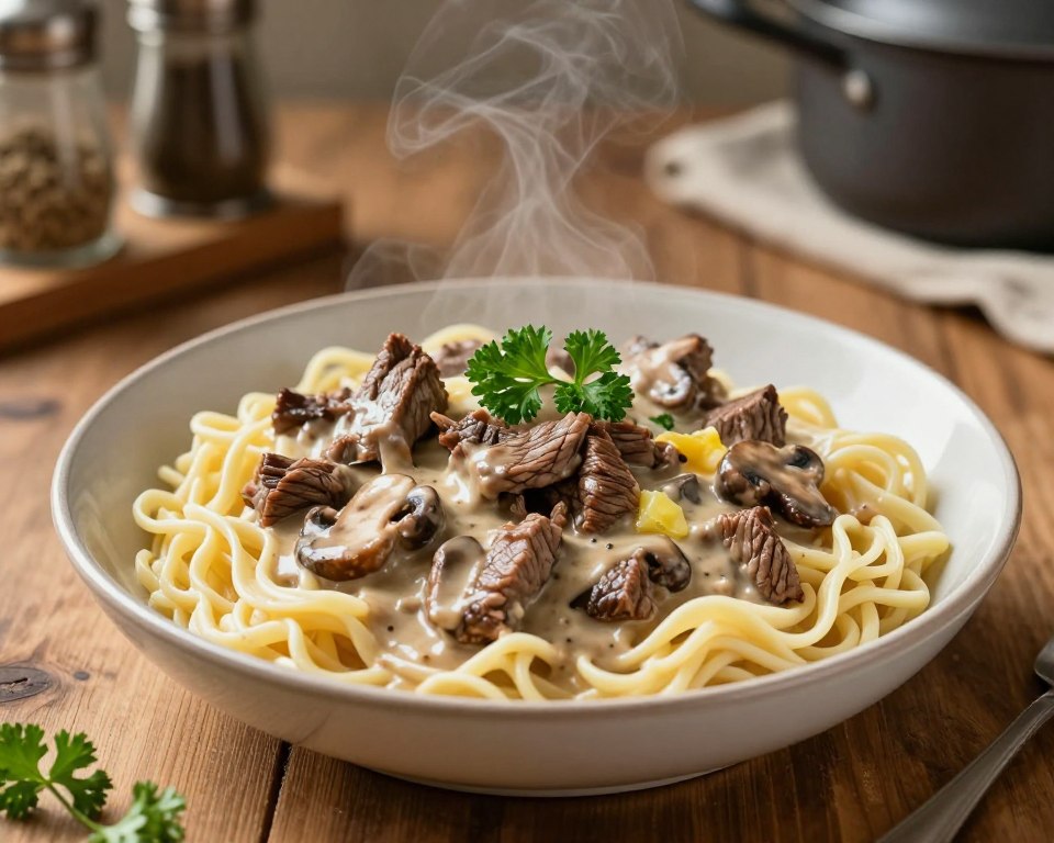 A steaming bowl of beef stroganoff sits on a rustic wooden table, showcasing tender strips of sautéed beef enveloped in a luscious, creamy mushroom sauce. Garnished with fresh parsley, the dish is served over a bed of fluffy egg noodles, glistening with a hint of butter. Soft, warm lighting casts a cozy glow on the scene, highlighting the rich browns and creamy whites of the stroganoff. In the background, blurred kitchen elements like a vintage spice rack and a cooking pot add depth without distraction. The atmosphere is inviting and homey, perfect for a cold day, capturing the essence of comfort food with natural colors and no unwanted distractions.