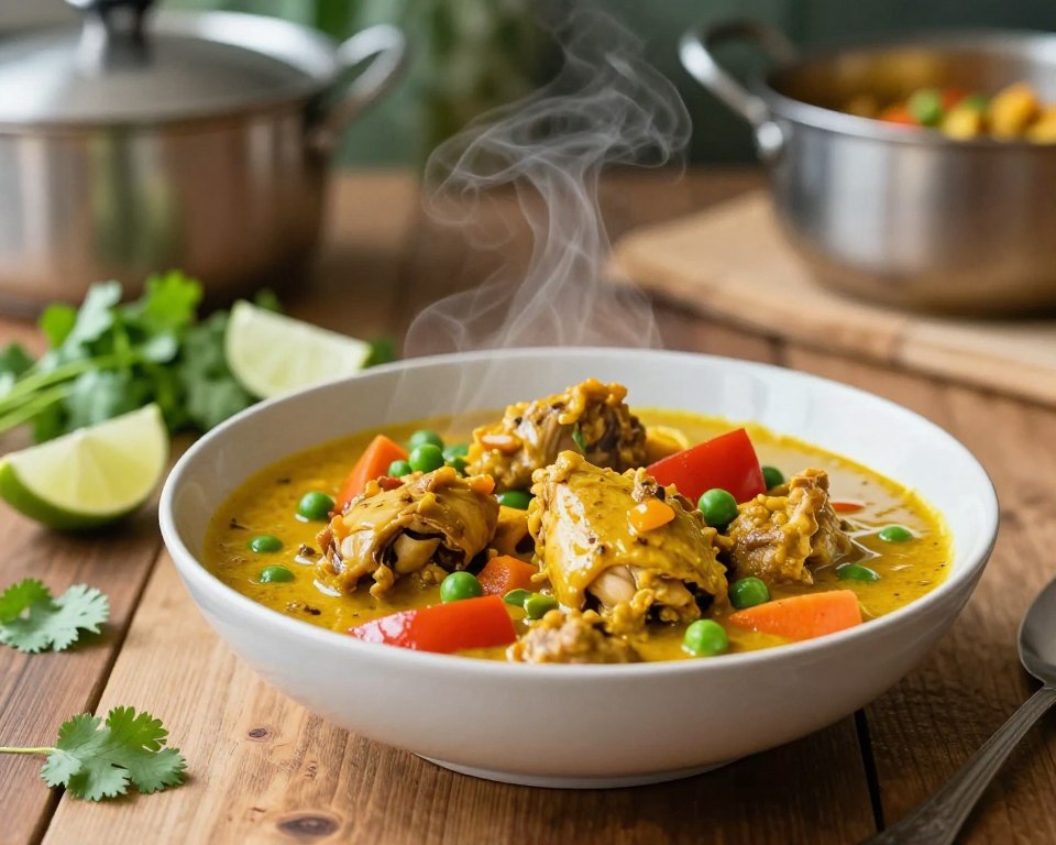 A vibrant bowl of aromatic curry featuring tender pieces of leftover roast chicken, surrounded by colorful vegetables like bell peppers, peas, and carrots, all simmered in a rich, golden sauce. In the foreground, the bowl is placed on a rustic wooden table, with wisps of steam gently rising. The middle layer shows a sprinkle of fresh cilantro and lime wedges artfully arranged around the bowl. In the background, blurred images of simmering pots and herbs create a warm, inviting kitchen atmosphere. Soft, natural lighting enhances the earthy tones of the curry, while the cozy setting evokes a sense of comfort and warmth, inviting the viewer to enjoy a bold and delicious meal. A vibrant bowl of aromatic curry featuring tender pieces of leftover roast chicken, surrounded by colorful vegetables like bell peppers, peas, and carrots, all simmered in a rich, golden sauce. In the foreground, the bowl is placed on a rustic wooden table, with wisps of steam gently rising. The middle layer shows a sprinkle of fresh cilantro and lime wedges artfully arranged around the bowl. In the background, blurred images of simmering pots and herbs create a warm, inviting kitchen atmosphere. Soft, natural lighting enhances the earthy tones of the curry, while the cozy setting evokes a sense of comfort and warmth, inviting the viewer to enjoy a bold and delicious meal.