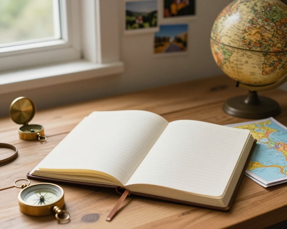 A warm, inviting pre-trip journal spread open on a wooden table, featuring beautiful blank pages waiting to be filled with travel memories. Surround the journal with scattered travel essentials like a vintage compass, a stylish globe, and colorful maps. Soft, natural lighting filters through a nearby window, creating a cozy atmosphere. In the background, a wall adorned with travel photographs and postcards hints at past adventures. The colors are natural and calming, evoking a sense of anticipation and excitement for future journeys. The scene captures the essence of planning and reflection, showcasing the beauty of journaling before embarking on a new travel adventure.
