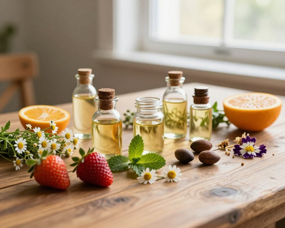 A beautifully arranged collection of sustainable skincare ingredients on a rustic wooden table. In the foreground, showcase fresh, seasonal fruits like strawberries and citrus, alongside delicate herbs such as chamomile and mint. In the middle, feature small glass jars filled with natural oils, like jojoba and argan, and scattered dried flowers for an organic touch. The background should have soft, diffused natural sunlight streaming through a window, illuminating the scene and casting gentle shadows. Opt for a warm color palette that evokes a cozy, inviting atmosphere, with an emphasis on the vibrancy and freshness of the ingredients. The composition should convey a sense of harmony with nature, promoting ethical sourcing and seasonal selection, without any text or distractions.