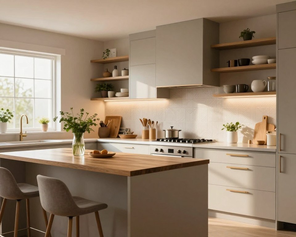 A beautifully updated kitchen showcasing budget-friendly elegance. In the foreground, a sleek, minimalist kitchen island with a wooden countertop and stylish bar stools, adorned with a small vase of fresh herbs. The middle features modern cabinetry with a neutral color palette, brushed metal hardware, and an eye-catching backsplash with subtle geometric patterns. Soft, warm lighting illuminates the space, creating a cozy atmosphere. The background reveals open shelves displaying curated decorative items, potted plants, and chic kitchenware. A large window allows natural light to flood in, enhancing the inviting ambiance. The overall scene is realistic, showcasing a harmonious blend of modern design and practical updates, evoking a sense of comfort and style. No people are present, focusing solely on the aesthetics.