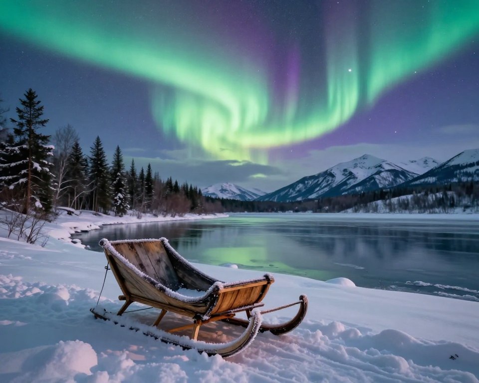 A breathtaking view of the northern lights dancing across a clear night sky, illuminating the pristine snow-covered landscape below. In the foreground, a cozy, rustic wooden sleigh sits nestled in the soft, fluffy snow, with glistening frost adorning its edges. The middle ground features a serene frozen lake reflecting the vibrant greens and purples of the auroras, surrounded by dark, shadowy pine trees. The background showcases a range of distant snow-capped mountains, partially obscured by wisps of gentle clouds. Soft, natural lighting bathes the scene in a tranquil glow, enhancing the enchanting atmosphere. This idyllic and peaceful winter scene evokes a sense of wonder and adventure, perfect for envisioning a magical holiday getaway.