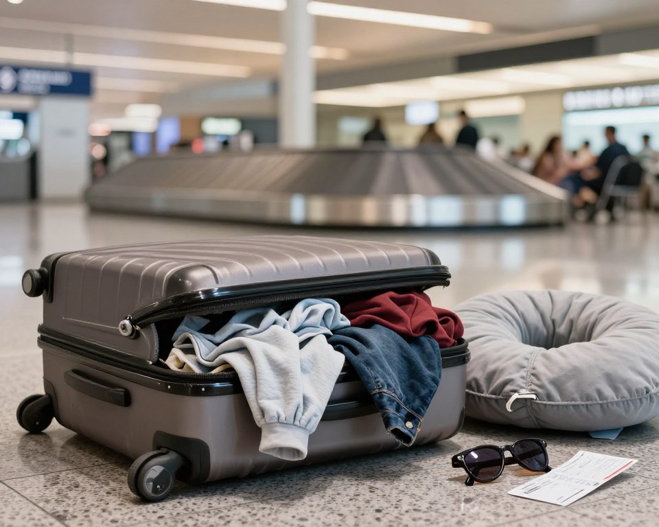 A close-up of a travel suitcase with a slightly open zipper, revealing disheveled clothing spilling out, located on an airport terminal floor. Surrounding the suitcase, a scattering of personal items like a travel pillow, a pair of sunglasses, and a partially crumpled boarding pass. In the background, blurred airport signage and conveyor belts, softly illuminated by warm overhead lights, creating a candid and cozy atmosphere. The angle is slightly above eye level, capturing the suitcase as the focal point, evoking a sense of loss and concern. The colors are natural and muted, showcasing the everyday travel experience without any people present, enhancing the focus on the emotional weight of lost or damaged baggage. A close-up of a travel suitcase with a slightly open zipper, revealing disheveled clothing spilling out, located on an airport terminal floor. Surrounding the suitcase, a scattering of personal items like a travel pillow, a pair of sunglasses, and a partially crumpled boarding pass. In the background, blurred airport signage and conveyor belts, softly illuminated by warm overhead lights, creating a candid and cozy atmosphere. The angle is slightly above eye level, capturing the suitcase as the focal point, evoking a sense of loss and concern. The colors are natural and muted, showcasing the everyday travel experience without any people present, enhancing the focus on the emotional weight of lost or damaged baggage.