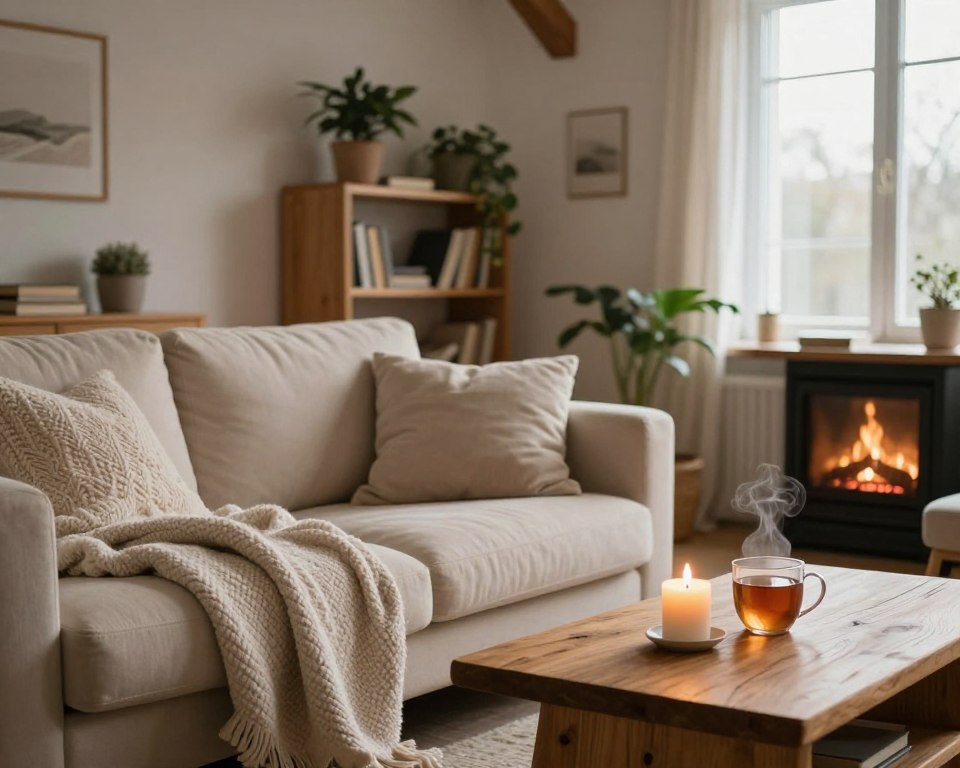 A cozy Scandinavian living room scene showcasing hygge lifestyle elements. In the foreground, a plush, cream-colored sofa adorned with soft throw blankets and a few fluffy cushions. A warm, flickering candle on a rustic wooden coffee table, alongside a steaming mug of herbal tea. In the middle ground, a bookshelf filled with well-loved books and potted plants adds life to the space. The background features a softly glowing fireplace, with inviting wooden beams and large windows that allow gentle sunlight to filter through. The overall atmosphere is warm and inviting, with a muted color palette of soft earth tones, reflecting tranquility and comfort reminiscent of modern hygge living. The image captures a sense of belonging and relaxation without any people present.