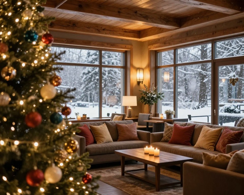 A cozy hotel lobby decorated for Christmas, featuring a beautifully adorned tree with twinkling lights and colorful ornaments in the foreground. In the middle, there are plush seating arrangements with warm, inviting throw pillows, surrounded by flickering candles on wooden coffee tables. The background showcases large windows with a view of falling snowflakes outside, capturing the enchanting winter atmosphere. The lighting is soft and warm, creating a welcoming ambiance, with golden tones reflecting off the wooden beams above. The scene embodies a festive, serene mood, perfect for a Christmas getaway, emphasizing comfort and holiday cheer without any people present.
