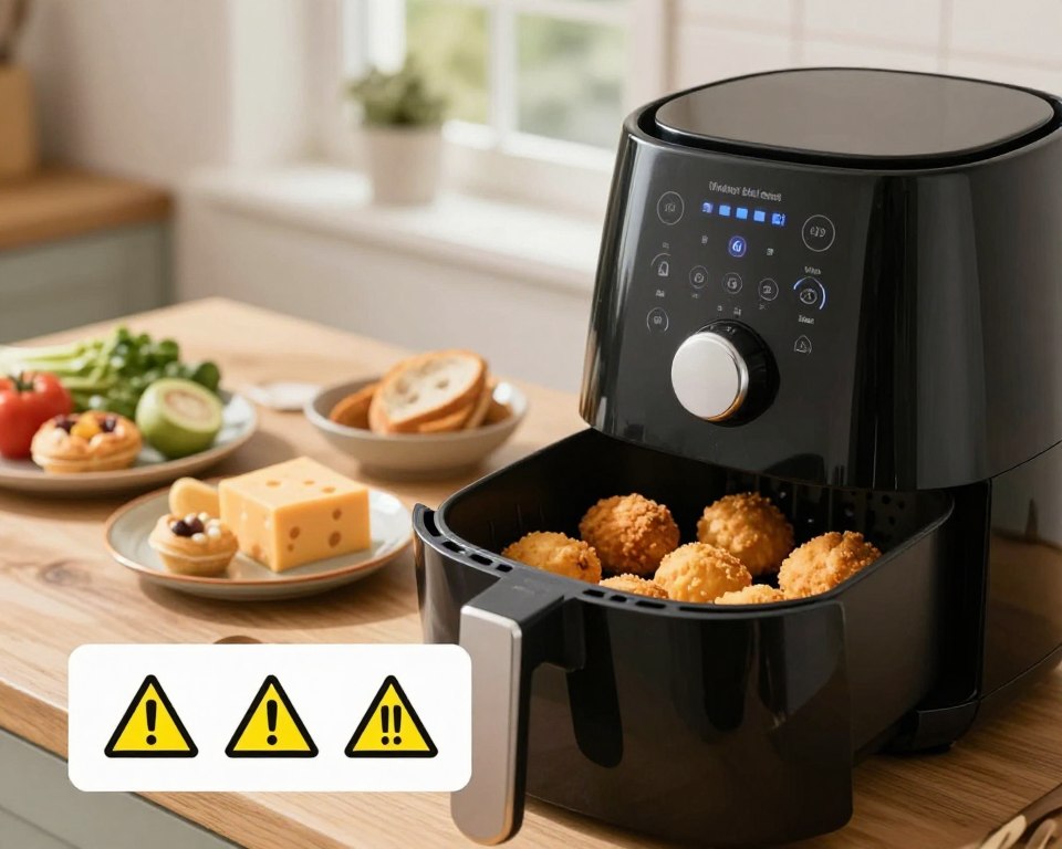 A cozy kitchen scene focused on an air fryer with a warning graphic overlay illustrating caution symbols. In the foreground, a close-up view of the air fryer, showcasing its sleek design and digital control panel, while strategically placed common snacks like battered items, cheese, and whole foods are deliberately excluded from the fryer basket. In the middle ground, a table is set with an assortment of ingredients that should not be used in the air fryer, such as delicate pastries and certain vegetables, arranged neatly on rustic plates. The background features soft, natural lighting streaming in from a window, creating a warm atmosphere that evokes a sense of home cooking. The overall mood captures the importance of safety in cooking with an air fryer, with realistic colors and no distractions. A cozy kitchen scene focused on an air fryer with a warning graphic overlay illustrating caution symbols. In the foreground, a close-up view of the air fryer, showcasing its sleek design and digital control panel, while strategically placed common snacks like battered items, cheese, and whole foods are deliberately excluded from the fryer basket. In the middle ground, a table is set with an assortment of ingredients that should not be used in the air fryer, such as delicate pastries and certain vegetables, arranged neatly on rustic plates. The background features soft, natural lighting streaming in from a window, creating a warm atmosphere that evokes a sense of home cooking. The overall mood captures the importance of safety in cooking with an air fryer, with realistic colors and no distractions.