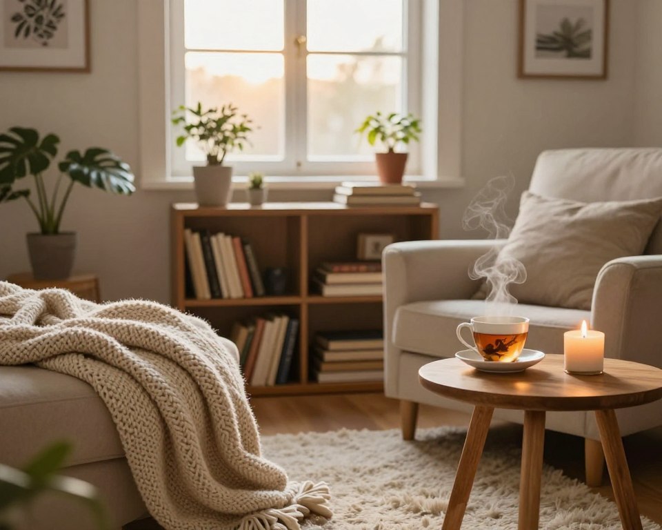 A cozy living room scene showcasing the essence of hygge lifestyle. In the foreground, a soft, knitted throw drapes across a plush armchair next to a small wooden side table, adorned with a steaming cup of herbal tea and a flickering candle. In the middle, a rustic bookshelf filled with well-loved books and potted plants adds warmth and character. A large window at the back allows gentle, warm afternoon sunlight to filter in, illuminating the room with a golden glow. The walls are painted in soft, neutral tones, contributing to the serene atmosphere. The floor is covered with a fluffy rug, inviting comfort. The overall mood is peaceful and welcoming, with natural colors and textures creating an inviting, hyggelig ambiance.