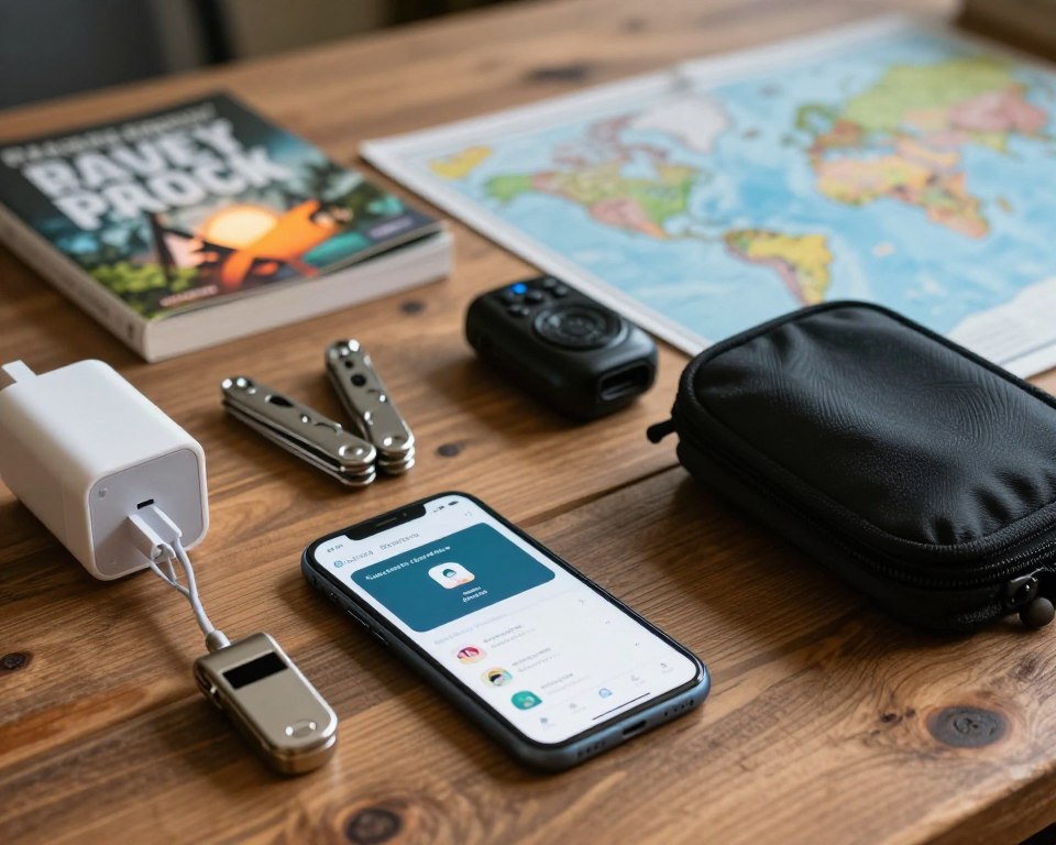 A cozy, realistic scene featuring an array of travel safety apps and gadgets artfully arranged on a rustic wooden table. In the foreground, a smartphone displaying a safety app interface glows softly, alongside a compact emergency whistle, a portable phone charger, and a secure travel pouch. The middle ground includes a multi-tool and a personal safety alarm, while the background features a softly lit travel guidebook and a world map. The atmosphere is warm and inviting, emphasizing the importance of travel safety. Use natural lighting to create a homey feel, captured from a slight overhead angle to showcase the gadgets' details, avoiding any people in the scene.