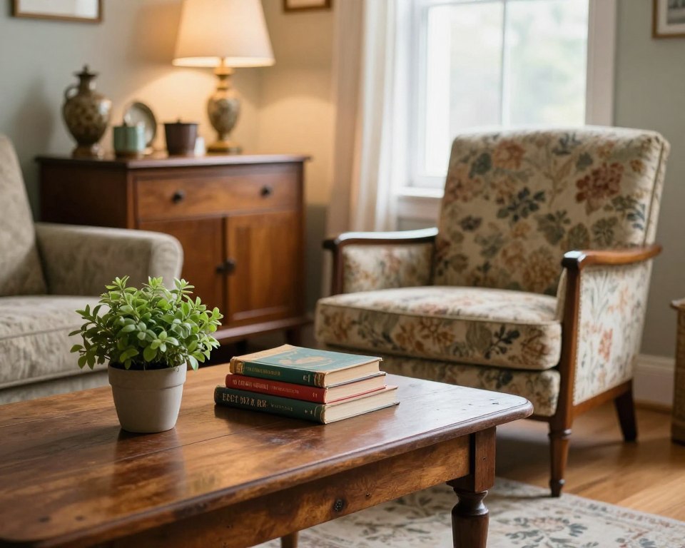 A cozy room filled with vintage furniture that showcases a practical yet charming aesthetic. In the foreground, a richly patinated wooden coffee table is adorned with a small green plant and a stack of colorful vintage books, reflecting warmth. The middle ground features a beautifully upholstered mid-century armchair in a muted floral fabric, adjacent to an ornate wooden sideboard displaying a collection of eclectic trinkets and a vintage lamp casting a warm glow. The background reveals a softly lit window with sheer curtains, letting in natural light that enhances the inviting atmosphere. The overall mood is relaxed and nostalgic, with natural colors, highlighting the beauty of second-hand finds in a harmonious home setting.