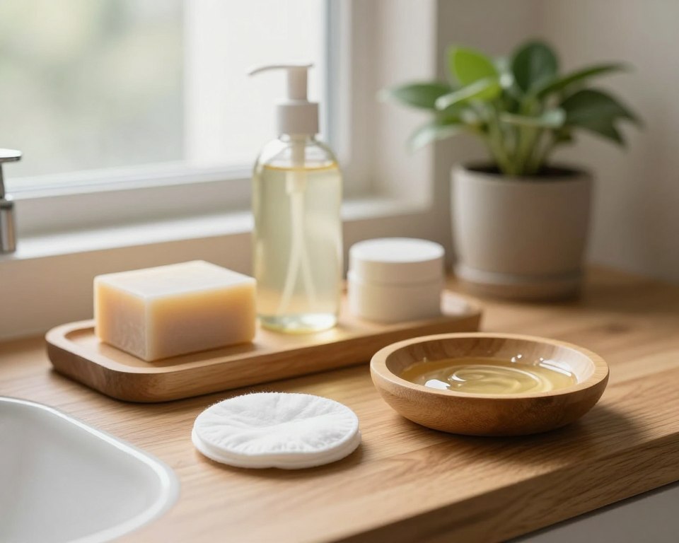 A serene, cozy bathroom scene showcasing a stylish makeup removal setup. In the foreground, a soft, reusable cotton pad rests on a wooden bathroom counter next to a bamboo dish filled with gentle cleansing oil. The middle layer features a glass bottle of facial cleanser and a small bar of organic soap, both elegantly arranged. In the background, a potted plant adds a touch of greenery, while a soft, natural light filters in through a frosted window, creating a calm and inviting atmosphere. The color palette is warm and earthy, emphasizing sustainability and mindful beauty routines. No people are present, allowing the focus to remain on the eco-friendly products. The mood is tranquil and relaxing, embodying a commitment to sustainable skincare practices.