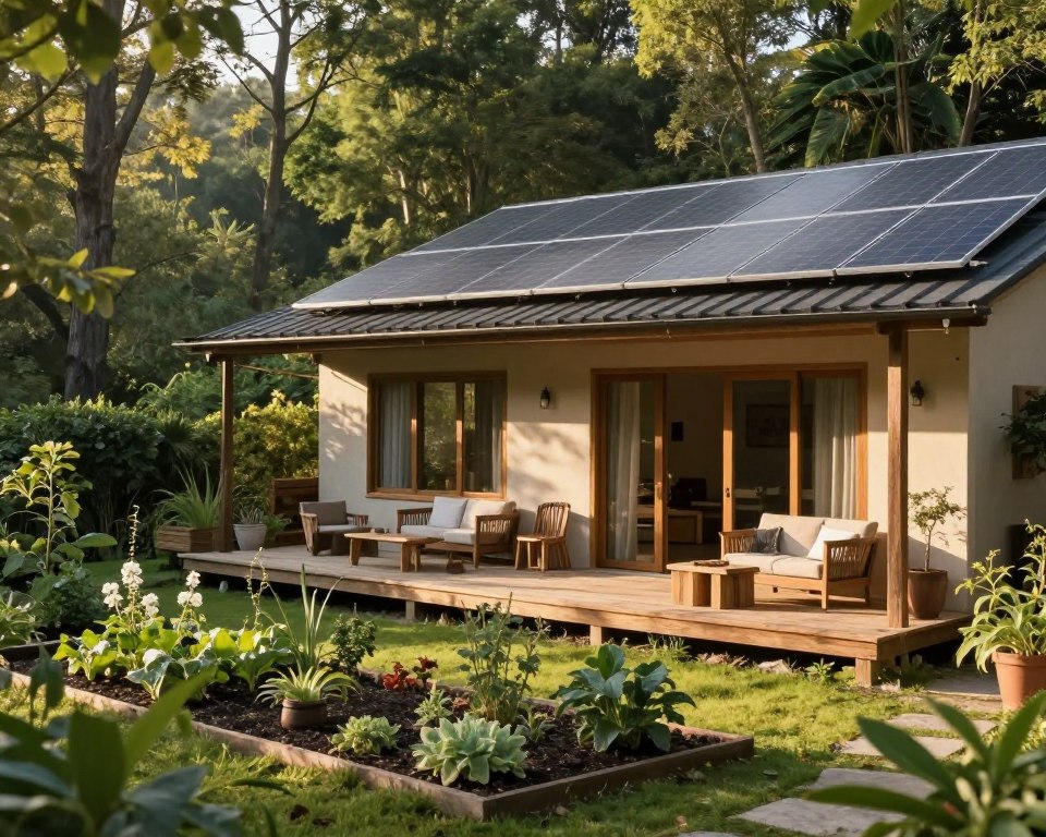 A serene eco-friendly hotel nestled in a lush green forest, showcasing solar panels on the roof and a small organic garden in the foreground. The middle ground features a cozy wooden deck with furniture made from recycled materials, inviting guests to relax and enjoy the natural surroundings. In the background, tall trees and shrubs create a tranquil atmosphere, with sunlight filtering through leaves, casting gentle shadows on the ground. The image should evoke a sense of warmth and comfort, with natural colors highlighting the harmony between the hotel and its environment. Capture this scene at sunrise to enhance the cozy mood and include soft, diffused lighting for a welcoming effect. A serene eco-friendly hotel nestled in a lush green forest, showcasing solar panels on the roof and a small organic garden in the foreground. The middle ground features a cozy wooden deck with furniture made from recycled materials, inviting guests to relax and enjoy the natural surroundings. In the background, tall trees and shrubs create a tranquil atmosphere, with sunlight filtering through leaves, casting gentle shadows on the ground. The image should evoke a sense of warmth and comfort, with natural colors highlighting the harmony between the hotel and its environment. Capture this scene at sunrise to enhance the cozy mood and include soft, diffused lighting for a welcoming effect.