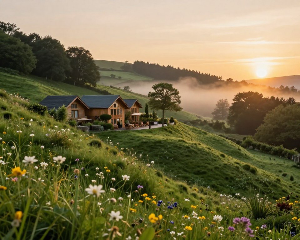 A serene landscape showcasing lush, green rolling hills in the foreground, dotted with wildflowers. The middle ground features a small, eco-friendly hotel built with natural materials, blending harmoniously with the environment, surrounded by trees and plants. In the background, a soft sunrise casts warm, golden light across the sky, illuminating the gentle mist emerging from a nearby forest. The atmosphere is tranquil and inviting, evoking a sense of peace and sustainability. The colors are rich and natural, highlighting the beauty of an eco-conscious retreat in the UK’s countryside, with an overall cozy and candid mood. A serene landscape showcasing lush, green rolling hills in the foreground, dotted with wildflowers. The middle ground features a small, eco-friendly hotel built with natural materials, blending harmoniously with the environment, surrounded by trees and plants. In the background, a soft sunrise casts warm, golden light across the sky, illuminating the gentle mist emerging from a nearby forest. The atmosphere is tranquil and inviting, evoking a sense of peace and sustainability. The colors are rich and natural, highlighting the beauty of an eco-conscious retreat in the UK’s countryside, with an overall cozy and candid mood.