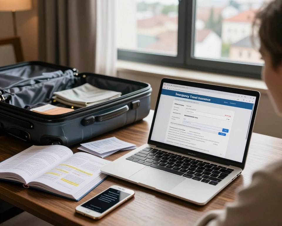 An emergency travel insurance claim scene set in a cozy hotel room with warm, inviting lighting. In the foreground, a traveler's laptop is open, displaying a travel insurance website with forms ready to fill out. Beside it, a travel guidebook lies open, featuring highlighted sections on claims procedures. A smartphone rests nearby with emergency contacts visible. In the middle ground, a suitcase is partially unpacked, and travel documents are scattered on the table. The background showcases a window with a view of a bustling foreign city, hinting at travel adventures just beyond the glass. Soft natural colors dominate the scene, creating a realistic and candid atmosphere, emphasizing the importance of navigating travel insurance while abroad. An emergency travel insurance claim scene set in a cozy hotel room with warm, inviting lighting. In the foreground, a traveler's laptop is open, displaying a travel insurance website with forms ready to fill out. Beside it, a travel guidebook lies open, featuring highlighted sections on claims procedures. A smartphone rests nearby with emergency contacts visible. In the middle ground, a suitcase is partially unpacked, and travel documents are scattered on the table. The background showcases a window with a view of a bustling foreign city, hinting at travel adventures just beyond the glass. Soft natural colors dominate the scene, creating a realistic and candid atmosphere, emphasizing the importance of navigating travel insurance while abroad.