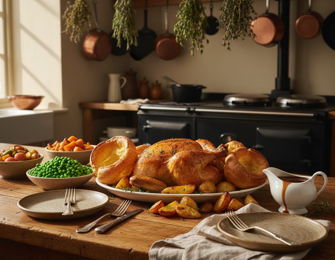 A beautifully arranged Sunday roast dinner, featuring golden-brown roast chicken at the center, surrounded by fluffy Yorkshire puddings, caramelized roasted potatoes, vibrant green peas, and rich gravy in a small boat. The setting is a cozy wooden dining table, set with warm, natural lighting that enhances the inviting atmosphere. In the background, a rustic kitchen with soft-focus details, including herbs hanging and pots on the stove, adds to the homely charm. The image captures a candid, authentic feel, emphasizing the comforting aspects of this traditional British meal. No people are visible, allowing the food to take center stage, with rich, natural colors throughout, creating a warm and inviting scene. A beautifully arranged Sunday roast dinner, featuring golden-brown roast chicken at the center, surrounded by fluffy Yorkshire puddings, caramelized roasted potatoes, vibrant green peas, and rich gravy in a small boat. The setting is a cozy wooden dining table, set with warm, natural lighting that enhances the inviting atmosphere. In the background, a rustic kitchen with soft-focus details, including herbs hanging and pots on the stove, adds to the homely charm. The image captures a candid, authentic feel, emphasizing the comforting aspects of this traditional British meal. No people are visible, allowing the food to take center stage, with rich, natural colors throughout, creating a warm and inviting scene.
