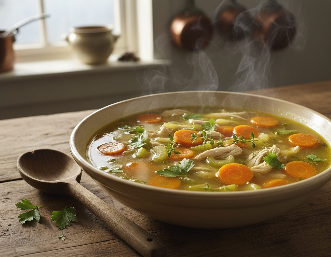 A beautifully arranged bowl of rich, flavorful stock broth, steaming gently to evoke warmth and comfort. The foreground features a handcrafted wooden spoon resting beside the bowl, with fresh herbs like thyme and parsley sprinkled artfully on top. In the middle, the broth is filled with nourishing ingredients such as tender chicken, carrots, celery, and onions, all simmered to perfection, showcasing vibrant colors and textures. The background includes a rustic kitchen setting with warm wooden surfaces and soft, natural lighting streaming in through a window, creating a cozy atmosphere. The overall mood feels inviting and traditional, perfectly encapsulating the essence of classic British soup-making.