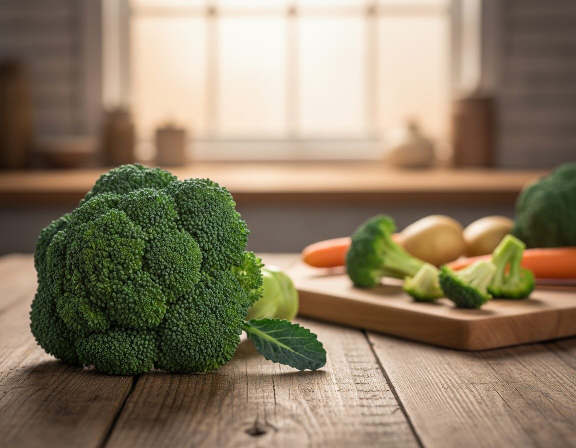 A beautifully arranged bunch of fresh broccoli, showcasing its vibrant green florets with a natural sheen, lying on a rustic wooden kitchen table. In the foreground, droplets of water gently glisten on the broccoli, emphasizing its freshness. The middle ground features a wooden cutting board with a few cut pieces of broccoli, inviting the viewer to explore cooking methods. In the background, soft, warm light from an overhead window filters through, creating a cozy atmosphere, while blurred images of seasonal ingredients like carrots and potatoes peek out. The overall mood is inviting and rustic, perfect for illustrating seasonal cooking, with a focus on natural colors and textures.
