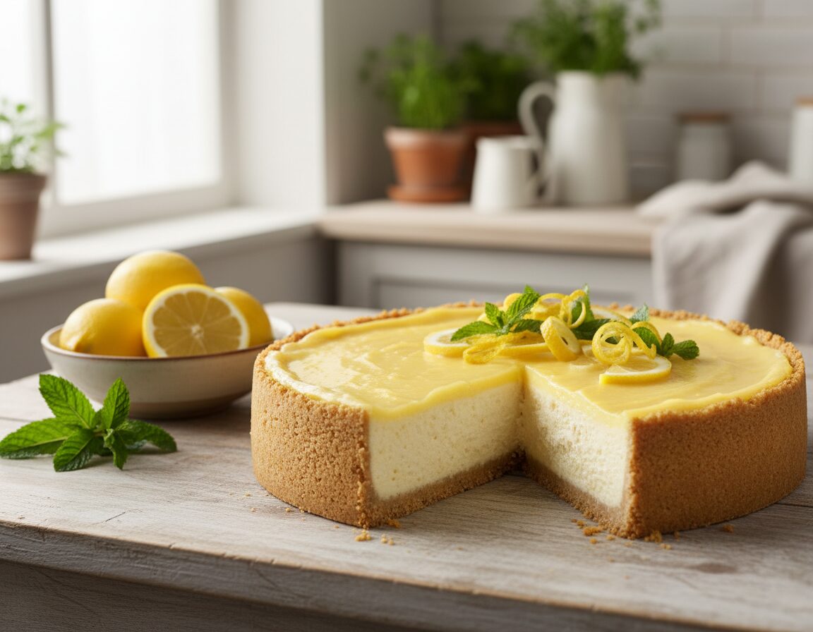 A beautifully arranged no-bake lemon curd cheesecake sits elegantly on a rustic wooden table. The cheesecake, adorned with a glossy lemon curd topping, features a crumbly graham cracker crust and is garnished with fresh lemon slices and mint leaves. The foreground highlights the creamy texture and vibrant yellow color of the cheesecake, while in the middle, a small bowl of fresh lemons and a sprig of mint add a lively touch. The background showcases a soft-focus kitchen setting with warm, natural lighting filtering through a nearby window, creating a cozy and inviting atmosphere. The overall mood is bright and refreshing, perfect for a spring dessert. The image captures the essence of citrus indulgence without any text or distractions. A beautifully arranged no-bake lemon curd cheesecake sits elegantly on a rustic wooden table. The cheesecake, adorned with a glossy lemon curd topping, features a crumbly graham cracker crust and is garnished with fresh lemon slices and mint leaves. The foreground highlights the creamy texture and vibrant yellow color of the cheesecake, while in the middle, a small bowl of fresh lemons and a sprig of mint add a lively touch. The background showcases a soft-focus kitchen setting with warm, natural lighting filtering through a nearby window, creating a cozy and inviting atmosphere. The overall mood is bright and refreshing, perfect for a spring dessert. The image captures the essence of citrus indulgence without any text or distractions.