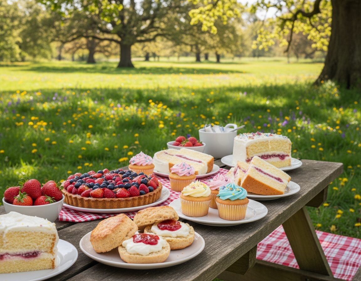 A beautifully arranged picnic scene featuring an assortment of traditional UK dessert treats. In the foreground, a rustic wooden picnic table is laden with a variety of sweet delights: freshly baked scones with clotted cream and strawberry jam, a colorful fruit tart topped with seasonal berries, and fluffy cupcakes in pastel colors. Delicately placed beside them are slices of Victoria sponge cake and bowls of juicy strawberries. In the middle ground, a checked picnic blanket adds a cozy feel, while soft, dappled sunlight filters through nearby trees, casting gentle shadows and highlighting the vibrant colors of the desserts. The background showcases a lush green park with hints of wildflowers, creating a serene atmosphere perfect for a delightful picnic. The overall mood is inviting and warm, evoking a sense of nostalgia and relaxation.