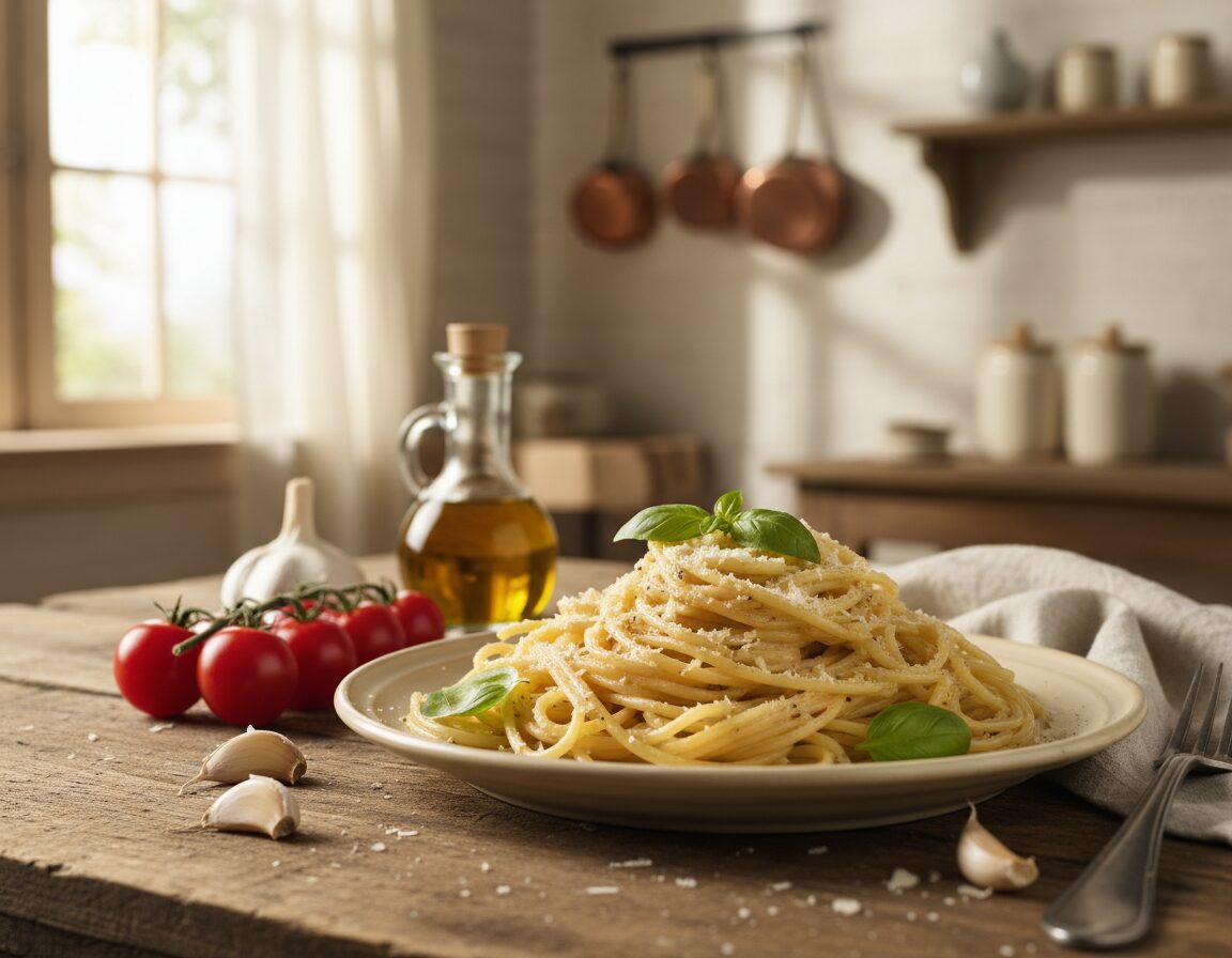 A beautifully arranged plate of freshly cooked pasta in a rich, creamy sauce, garnished with sprigs of basil and a sprinkle of Parmesan cheese. The pasta should be the focal point in the foreground, showcasing its texture with swirls and twirls invitingly placed. In the middle ground, add a rustic wooden table surface with a few scattered ingredients like garlic cloves, olive oil, and cherry tomatoes, enhancing the cooking theme. The background should softly blur, featuring a cozy kitchen setting with warm, natural lighting that creates a welcoming atmosphere. Use a slightly low angle to capture the inviting aspect of the meal, emphasizing the warmth and comfort of home-cooked food. The overall mood should be relaxed and inviting, perfect for a comforting culinary experience.