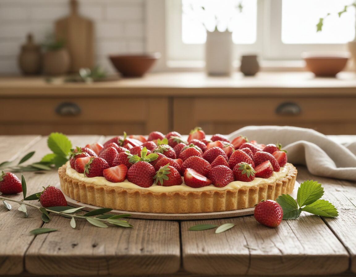 A beautifully arranged strawberry tart as the centerpiece, showcasing a golden, flaky crust filled with smooth, creamy crème pâtissière. The tart is generously topped with vibrant, ripe strawberries, gleaming in natural light, reflecting their fresh juiciness. Surrounding the tart, a rustic wooden table adorned with delicate green leaves enhances the inviting atmosphere. The background softly blurs into a warm, homely kitchen setting, creating a cozy and welcoming mood. Bright, diffused lighting highlights the textures of the crust and the lusciousness of the strawberries, while the angle is slightly overhead, capturing the full splendor of this delightful dessert. The image is rich in natural colors, evoking the essence of summer and the pleasure of indulging in a seasonal treat. A beautifully arranged strawberry tart as the centerpiece, showcasing a golden, flaky crust filled with smooth, creamy crème pâtissière. The tart is generously topped with vibrant, ripe strawberries, gleaming in natural light, reflecting their fresh juiciness. Surrounding the tart, a rustic wooden table adorned with delicate green leaves enhances the inviting atmosphere. The background softly blurs into a warm, homely kitchen setting, creating a cozy and welcoming mood. Bright, diffused lighting highlights the textures of the crust and the lusciousness of the strawberries, while the angle is slightly overhead, capturing the full splendor of this delightful dessert. The image is rich in natural colors, evoking the essence of summer and the pleasure of indulging in a seasonal treat.