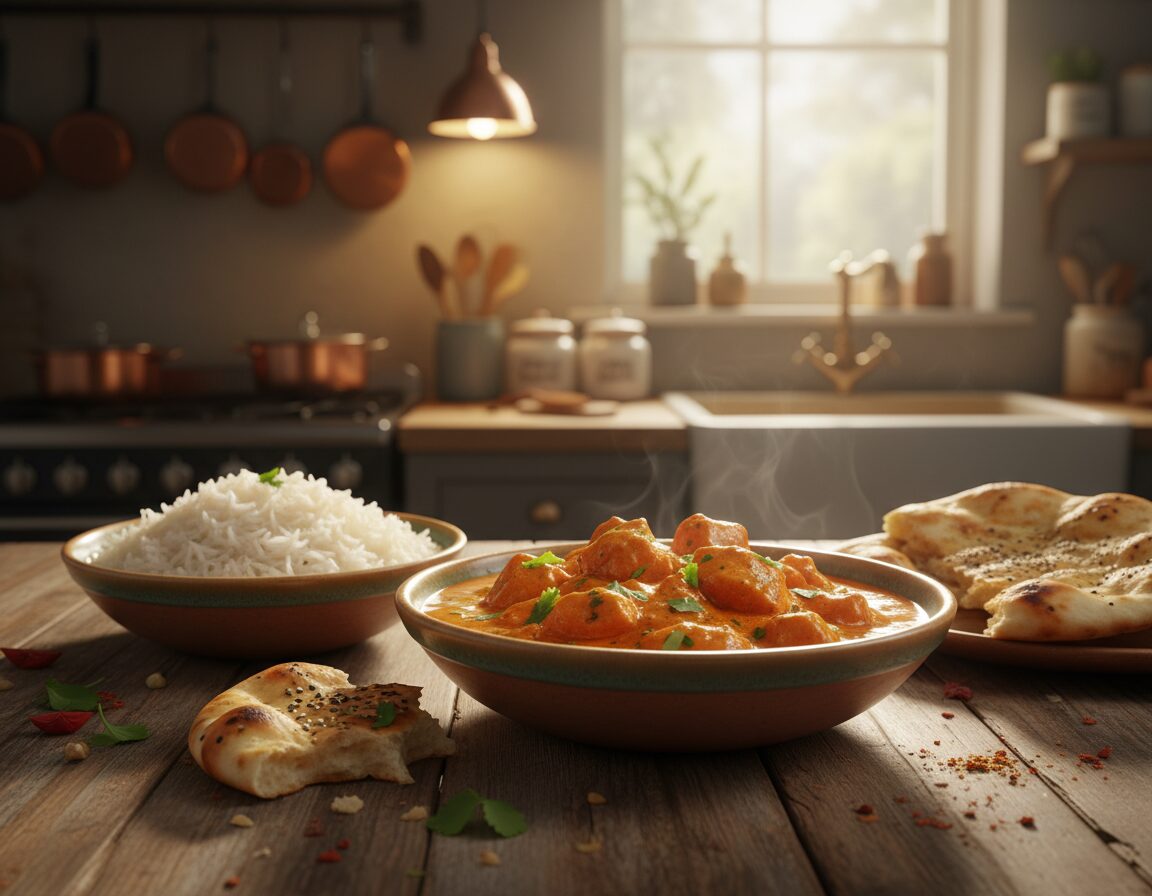 A beautifully plated chicken tikka masala served in a traditional Indian-style bowl, showcasing tender pieces of chicken in a rich, creamy tomato sauce. The dish is garnished with fresh cilantro and accompanied by fluffy basmati rice and warm naan bread on a rustic wooden table. In the background, a softly lit kitchen setting adds a cozy atmosphere, with warm ambient lighting reflecting off the dishes. The scene captures the vibrant colors of the tikka masala, contrasting with the earth tones of the table and its surroundings. The focus is on the delicious food, creating an inviting and homely vibe, evoking the comfort and warmth associated with British curry. A beautifully plated chicken tikka masala served in a traditional Indian-style bowl, showcasing tender pieces of chicken in a rich, creamy tomato sauce. The dish is garnished with fresh cilantro and accompanied by fluffy basmati rice and warm naan bread on a rustic wooden table. In the background, a softly lit kitchen setting adds a cozy atmosphere, with warm ambient lighting reflecting off the dishes. The scene captures the vibrant colors of the tikka masala, contrasting with the earth tones of the table and its surroundings. The focus is on the delicious food, creating an inviting and homely vibe, evoking the comfort and warmth associated with British curry.
