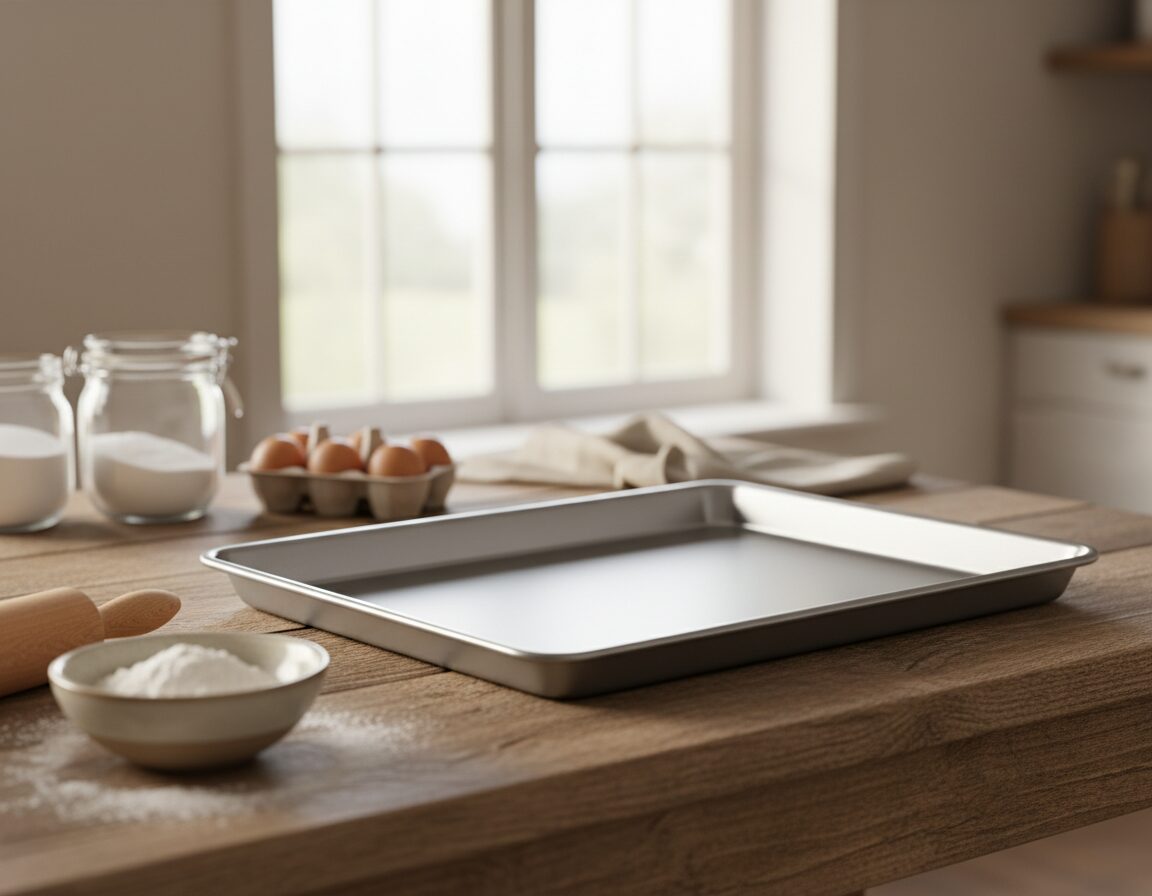 A close-up image of a well-prepared, glossy metal baking pan resting on a rustic wooden countertop. The pan glistens under soft, warm natural light filtering through a nearby window, highlighting its smooth, non-stick surface. In the foreground, a small bowl of flour and a rolling pin are partially visible, suggesting an inviting baking scene. In the background, a blurred array of baking ingredients, like eggs and sugar, creates a homely atmosphere. The color palette features warm earth tones, emphasizing a cosy, welcoming mood. The image captures the essential detail of preparing pans for baking, reflecting the importance of proper preparation in home baking. No people or distractions, just the focused beauty of the baking tools arranged thoughtfully.