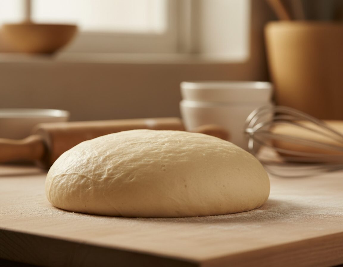 A close-up of room temperature dough resting on a lightly floured wooden countertop, with a soft, warm light gently illuminating its surface, showcasing its smooth and slightly glossy texture. The dough is rounded, with subtle air bubbles visible, suggesting it has begun to rise. In the background, a rustic kitchen scene with vintage baking tools like a rolling pin and measuring cups can be seen, adding to the homely atmosphere. Natural colors dominate the scene, with earthy tones of the wood and a hint of white flour creating a cozy mood. The focus is sharp on the dough, while the background is softly blurred to draw attention to the dough's inviting texture, evoking a sense of warmth and the joy of bread baking.