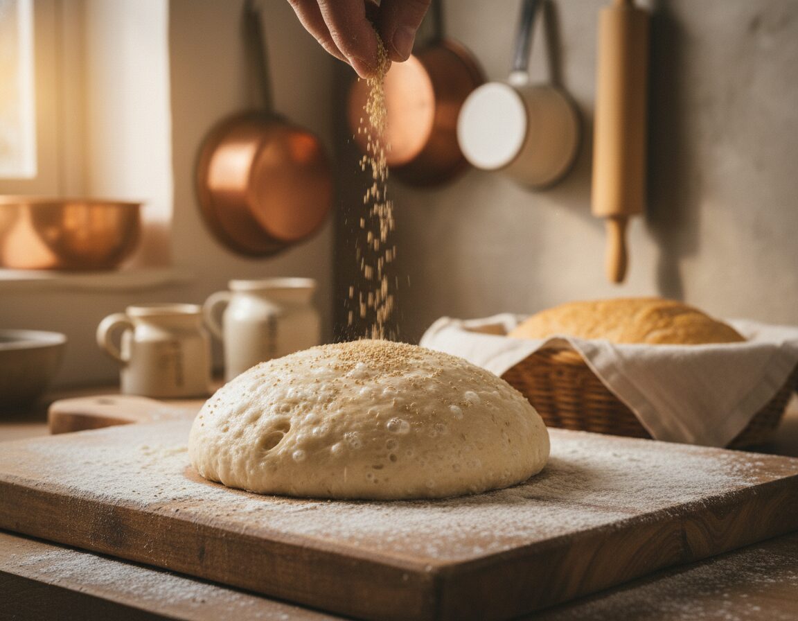 A close-up view of active yeast being sprinkled over a ball of dough resting on a rustic wooden surface, surrounded by flour dust. In the background, a warm, softly lit kitchen setting with vintage baking tools and a loaf of bread in the process of rising. The natural colors of the ingredients combine with the cozy atmosphere, evoking a sense of traditional baking methods. The soft, diffused lighting highlights the texture of the yeast granules and the dough, creating an inviting and candid mood. The angle captures the details of the active fermentation process without any people present, emphasizing the raw beauty of artisanal baking.