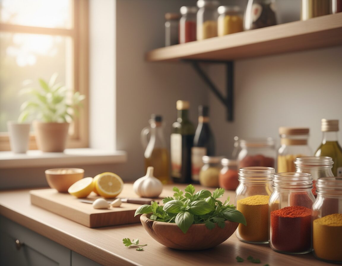 A cozy kitchen countertop filled with an assortment of flavour boosters. In the foreground, a small wooden bowl brimming with fresh herbs like basil and cilantro, alongside jars of colorful spices such as turmeric, paprika, and chili flakes. In the middle, a rustic cutting board featuring a couple of garlic cloves and slices of lemon, adding a burst of freshness. The background reveals soft-focus shelves lined with oil, vinegar, and various condiments, hinting at a well-stocked pantry. The warm, natural light filters in through a nearby window, casting a gentle glow over the scene, creating a welcoming atmosphere. The overall mood is inviting and homely, perfect for inspiring simple yet delicious meals. A cozy kitchen countertop filled with an assortment of flavour boosters. In the foreground, a small wooden bowl brimming with fresh herbs like basil and cilantro, alongside jars of colorful spices such as turmeric, paprika, and chili flakes. In the middle, a rustic cutting board featuring a couple of garlic cloves and slices of lemon, adding a burst of freshness. The background reveals soft-focus shelves lined with oil, vinegar, and various condiments, hinting at a well-stocked pantry. The warm, natural light filters in through a nearby window, casting a gentle glow over the scene, creating a welcoming atmosphere. The overall mood is inviting and homely, perfect for inspiring simple yet delicious meals.