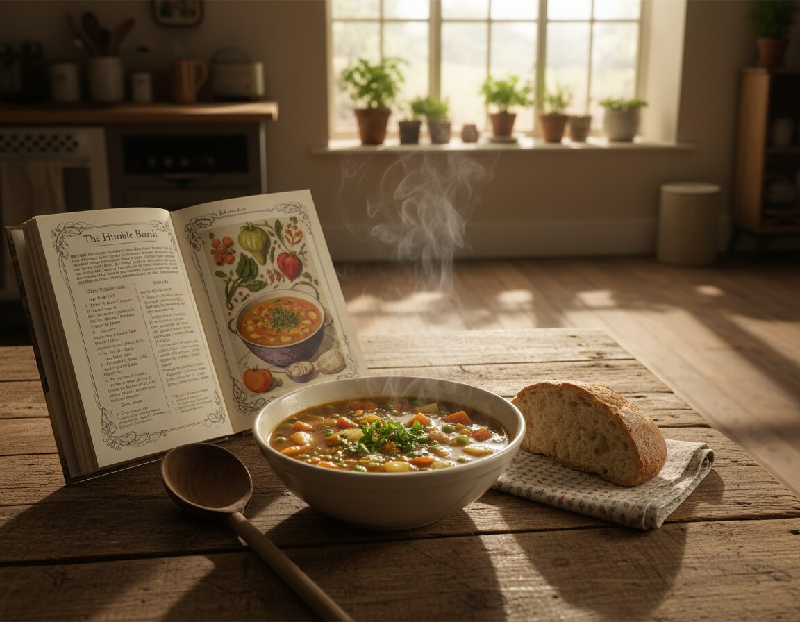 A cozy kitchen setting with a rustic wooden dining table in the foreground, featuring a hearty bowl of traditional British soup, steaming gently. The soup is rich and vibrant, filled with seasonal vegetables such as carrots, potatoes, and peas, garnished with fresh herbs. Beside the bowl, a piece of crusty bread rests on a charming cloth napkin. In the middle ground, an open cookbook displays a beautifully illustrated soup recipe, with notes handwritten in the margins. A wooden spoon lies casually next to the soup bowl. In the background, warm light filters through a window, casting soft shadows and creating an inviting atmosphere. Natural colors dominate the scene, enhancing the wholesome and comforting feel of the image. The overall mood is candid and homey, emphasizing sustainability and the joy of serving and reviving leftover soup.