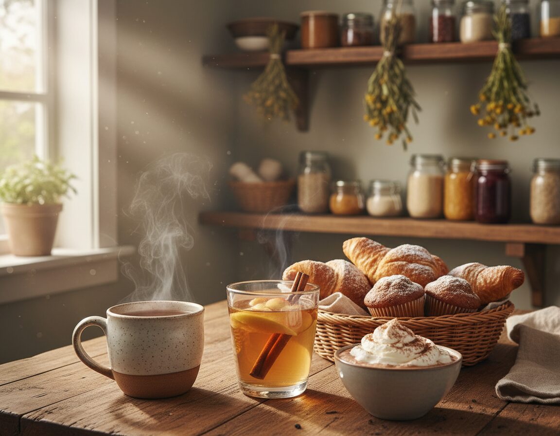 A cozy rustic kitchen scene featuring a beautifully arranged wooden table set for breakfast. In the foreground, there are various warm drinks: a steaming cup of chamomile tea in a handcrafted ceramic mug, a glass of hot apple cider garnished with a cinnamon stick, and a small bowl of frothy hot chocolate topped with whipped cream. Soft natural light filters in through a nearby window, casting a warm glow over the scene. In the middle ground, fresh baked goods like croissants and muffins add to the inviting atmosphere. The background reveals a vintage kitchen shelf adorned with herbs and jars, enhancing the homey vibe. Emphasize natural colors and convey a serene, calming mood, perfect for a comforting breakfast setting.