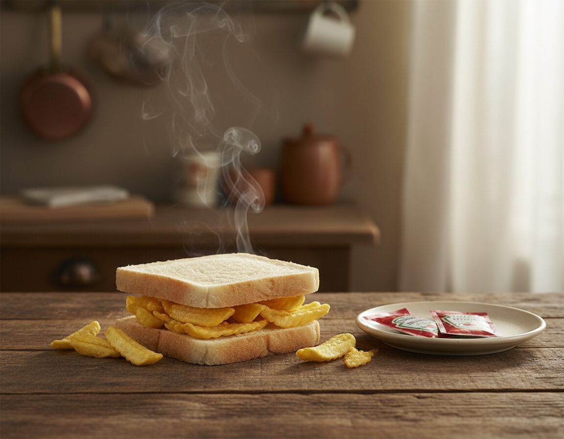A delicious chip butty, featuring fluffy white bread filled with crisp golden chips, is placed on a rustic wooden table. The bread is slightly buttered, with steam gently rising from the hot chips, inviting and warm. In the background, a soft-focus kitchen setting adds a cozy atmosphere, with warm light illuminating the scene. A simple ceramic plate holds a couple of tomato ketchup packets, enhancing the homey feel. The composition has a top-down angle to capture the textures of the bread and chips, while natural colors dominate, creating an inviting and casual vibe. The overall mood is relaxed and comforting, perfect for a quick lunch or snack.