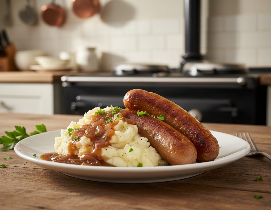 A hearty plate of bangers and mash, featuring golden-brown, succulent sausages nestled atop a generous serving of creamy, fluffy mashed potatoes. The mash is perfectly whipped, with a hint of butter and pepper, displaying a slightly textured surface. A rich onion gravy cascades over the dish, glistening in the warm kitchen light. Fresh sprigs of parsley add a pop of color to the presentation. The foreground showcases a rustic wooden table, enhancing the cozy and inviting atmosphere. In the background, soft-focus kitchen elements like a stove and pots evoke a homey feel. The lighting is warm and ambient, creating an intimate, candid mood that captures the essence of everyday British cooking, without the presence of people.