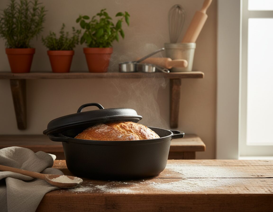 A rustic kitchen scene featuring a cast iron Dutch oven on a wooden countertop. The Dutch oven is nestled on a neatly arranged floured surface, with the lid slightly ajar to reveal freshly baked bread with a golden-brown crust. In the foreground, scattered flour and a wooden spoon add texture. In the middle ground, soft, warm lighting highlights the bread's inviting crust, emphasizing its steam rising gently. The background features a charming shelf filled with baking tools and herbs in small pots, creating a cozy atmosphere. The overall mood is warm and inviting, with natural colors and a homely feel, showcasing the simplicity and joy of baking bread.
