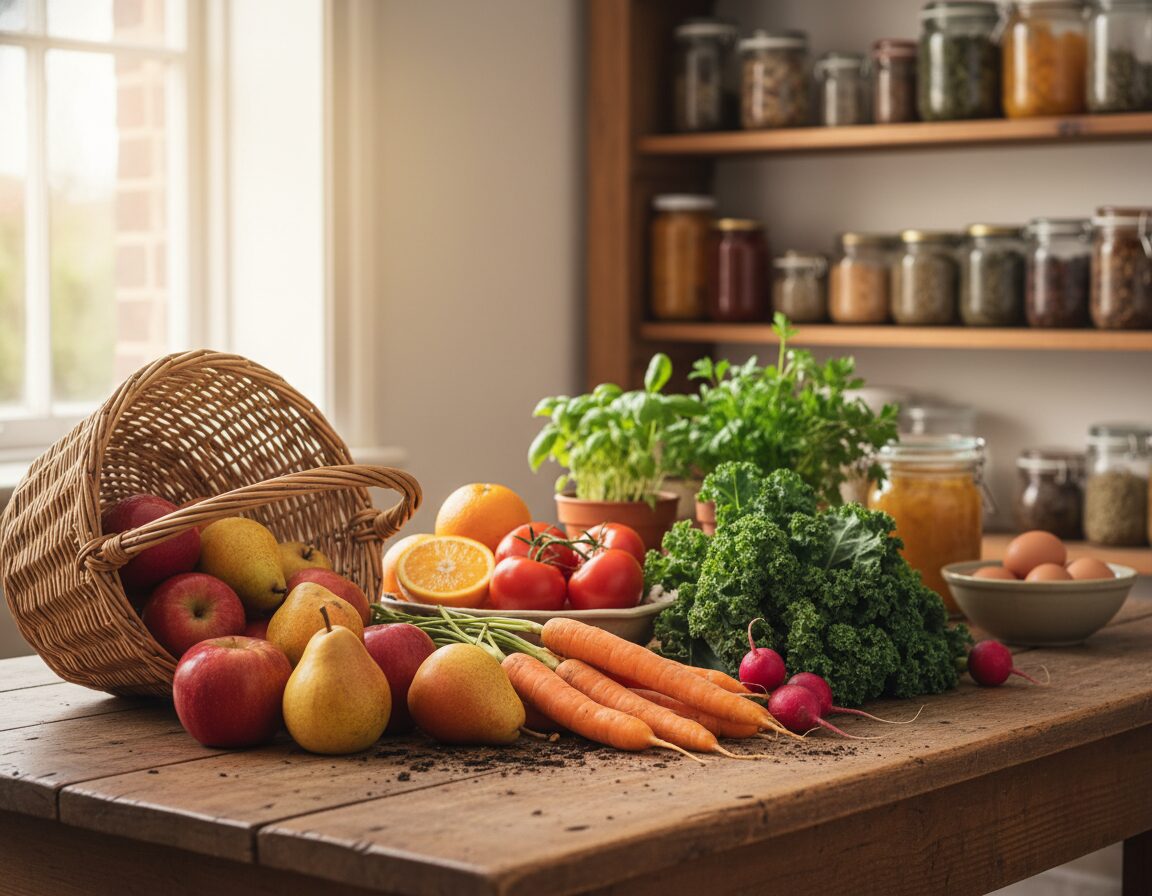 A rustic wooden table adorned with a vibrant array of seasonal UK produce, including bright red tomatoes, dark green kale, oranges, and fresh herbs like basil and parsley. In the foreground, a woven basket spills over with apples and pears, emphasizing the bountiful harvest. The middle ground features various vegetables, like carrots and radishes, still speckled with soil, conveying freshness. Soft, natural lighting filters in from a nearby window, casting gentle shadows and enhancing the rich colors of the produce. The background shows blurred shelves lined with jars of preserves and spices, hinting at a cozy kitchen atmosphere filled with the aroma of home-cooked meals. The mood is inviting and warm, reflecting the joy of selecting fresh, seasonal ingredients without waste.