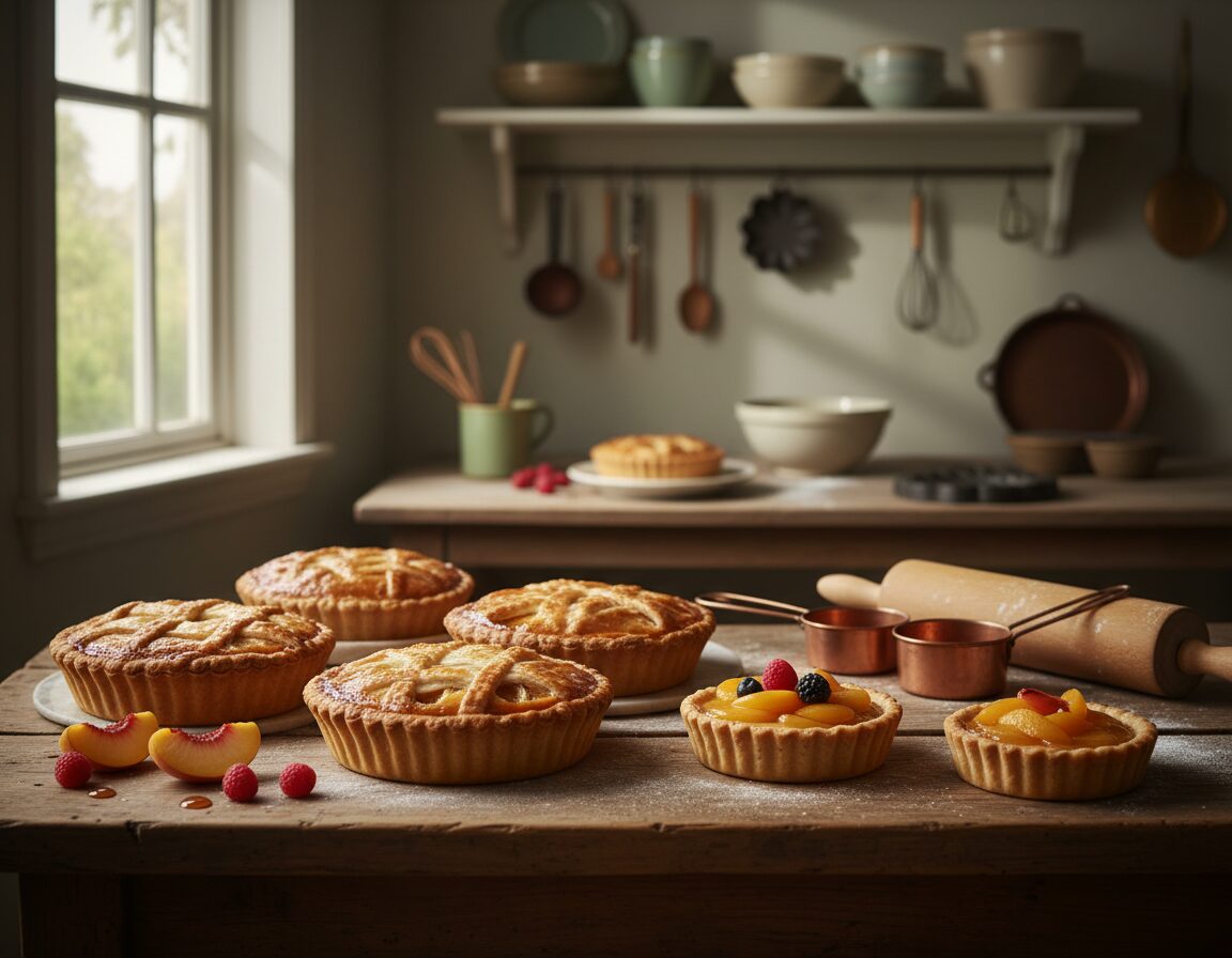 A rustic wooden table in the foreground displays an array of beautifully crafted pastries, including golden-brown pies and delicate tarts with intricate lattice and fluted edges. Some pastries are adorned with fresh fruits and vibrant glazes, showcasing traditional baking techniques. The middle ground features a rolling pin and measuring cups, hinting at the hands-on process of baking. In the background, a softly lit kitchen with worn shelves filled with vintage baking tools creates a warm, inviting atmosphere. The natural light streams in through a window, casting gentle shadows that enhance the textures of the pastries. The overall mood is cozy and nostalgic, evoking the timeless art of traditional pastry-making.