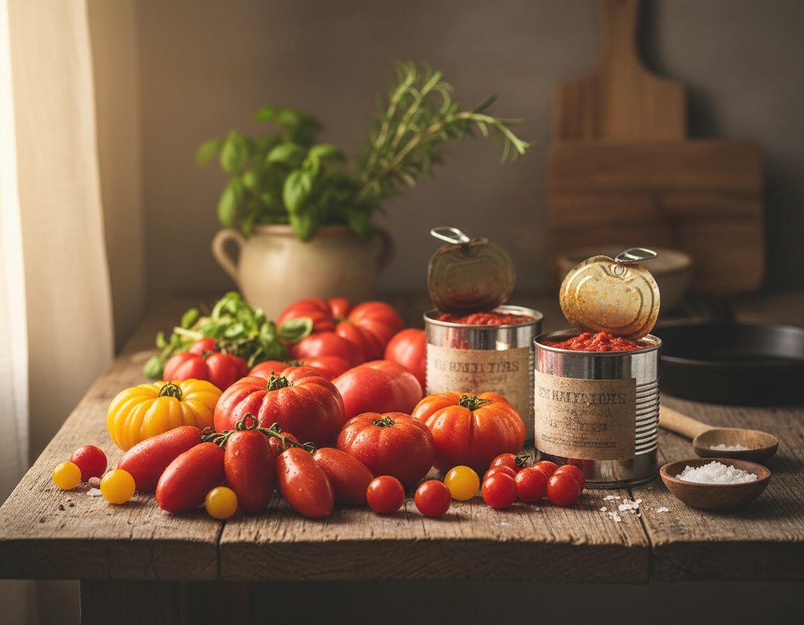 A rustic wooden table is laden with an assortment of ripe, vibrant tomatoes. The foreground features an array of tomatoes in various shapes and sizes—juicy red Roma, plump beefsteak, and tiny, sweet cherry tomatoes, glistening with dew. In the middle ground, a few open cans of crushed tomatoes showcase their rich, deep red color, hinting at comfort food meals. The backdrop includes a soft-focus kitchen setting with herb sprigs and a cutting board, emphasizing a cozy, home-cooked atmosphere. Warm, natural lighting filters through, casting gentle shadows and highlighting the freshness of the ingredients. The overall mood is candid and inviting, perfect for capturing the essence of simple yet delicious pantry meals. A rustic wooden table is laden with an assortment of ripe, vibrant tomatoes. The foreground features an array of tomatoes in various shapes and sizes—juicy red Roma, plump beefsteak, and tiny, sweet cherry tomatoes, glistening with dew. In the middle ground, a few open cans of crushed tomatoes showcase their rich, deep red color, hinting at comfort food meals. The backdrop includes a soft-focus kitchen setting with herb sprigs and a cutting board, emphasizing a cozy, home-cooked atmosphere. Warm, natural lighting filters through, casting gentle shadows and highlighting the freshness of the ingredients. The overall mood is candid and inviting, perfect for capturing the essence of simple yet delicious pantry meals.