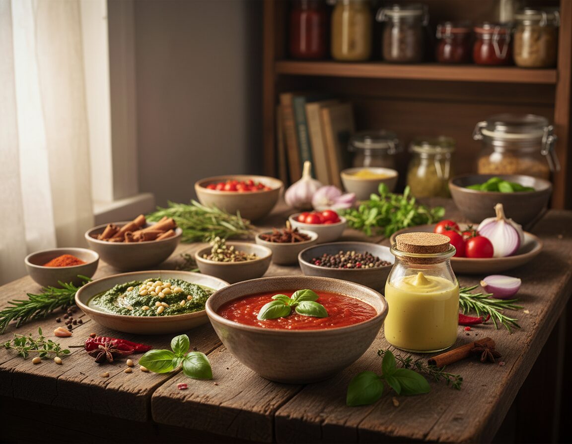 A variety of colorful homemade sauces displayed attractively on a rustic wooden kitchen table. In the foreground, a vibrant red tomato sauce in a bowl garnished with fresh basil, a creamy yellow mustard sauce in a small jar, and a deep green pesto sauce with pine nuts sprinkled on top. In the middle, various ingredients like fresh herbs, whole spices, and chopped vegetables surround the bowls, creating a cozy, inviting atmosphere. The background showcases blurred kitchen shelves filled with jars and cookbooks, with warm, natural lighting giving an inviting glow. The scene evokes a sense of comfort and creativity, perfect for busy nights of cooking flavorful meals. Realistic and candid, with natural colors, no people present.