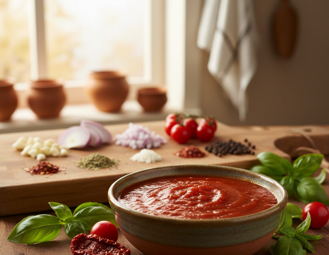A vibrant bowl of rich, homemade tomato sauce sits invitingly in the foreground, showcasing its thick, glossy texture and deep, red color. Fresh basil leaves and scattered whole tomatoes surround the bowl, emphasizing the sauce's natural ingredients. In the middle ground, a rustic wooden cutting board displays chopped garlic, onions, and spices, suggesting the preparation process. The background features a softly blurred kitchen setting, bathed in warm, natural light from a window, creating a cozy atmosphere. The scene captures the essence of comfort food, evoking a sense of home cooking and culinary creativity. The composition is intimate and candid, focusing solely on the delicious sauce and its ingredients, without any distractions.
