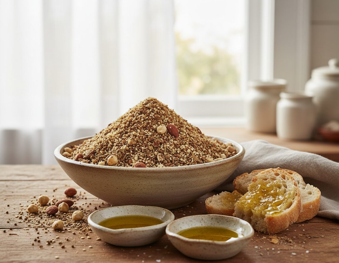A beautifully arranged dukkah mix displayed in a rustic bowl, set against a warm wooden table backdrop. The foreground features a close-up of various textured ingredients: finely chopped nuts, aromatic spices, and seeds, artfully scattered around the bowl. In the middle ground, there are small dishes with olive oil and freshly baked pieces of bread, invitingly glistening with oil. The background is softly blurred, hinting at a cozy kitchen setting bathed in warm, natural light filtering through a nearby window. The atmosphere is relaxed and homely, evoking the comfort of sharing delicious homemade dips with loved ones. Colors are natural and muted, emphasizing the organic feel of the ingredients. A beautifully arranged dukkah mix displayed in a rustic bowl, set against a warm wooden table backdrop. The foreground features a close-up of various textured ingredients: finely chopped nuts, aromatic spices, and seeds, artfully scattered around the bowl. In the middle ground, there are small dishes with olive oil and freshly baked pieces of bread, invitingly glistening with oil. The background is softly blurred, hinting at a cozy kitchen setting bathed in warm, natural light filtering through a nearby window. The atmosphere is relaxed and homely, evoking the comfort of sharing delicious homemade dips with loved ones. Colors are natural and muted, emphasizing the organic feel of the ingredients.
